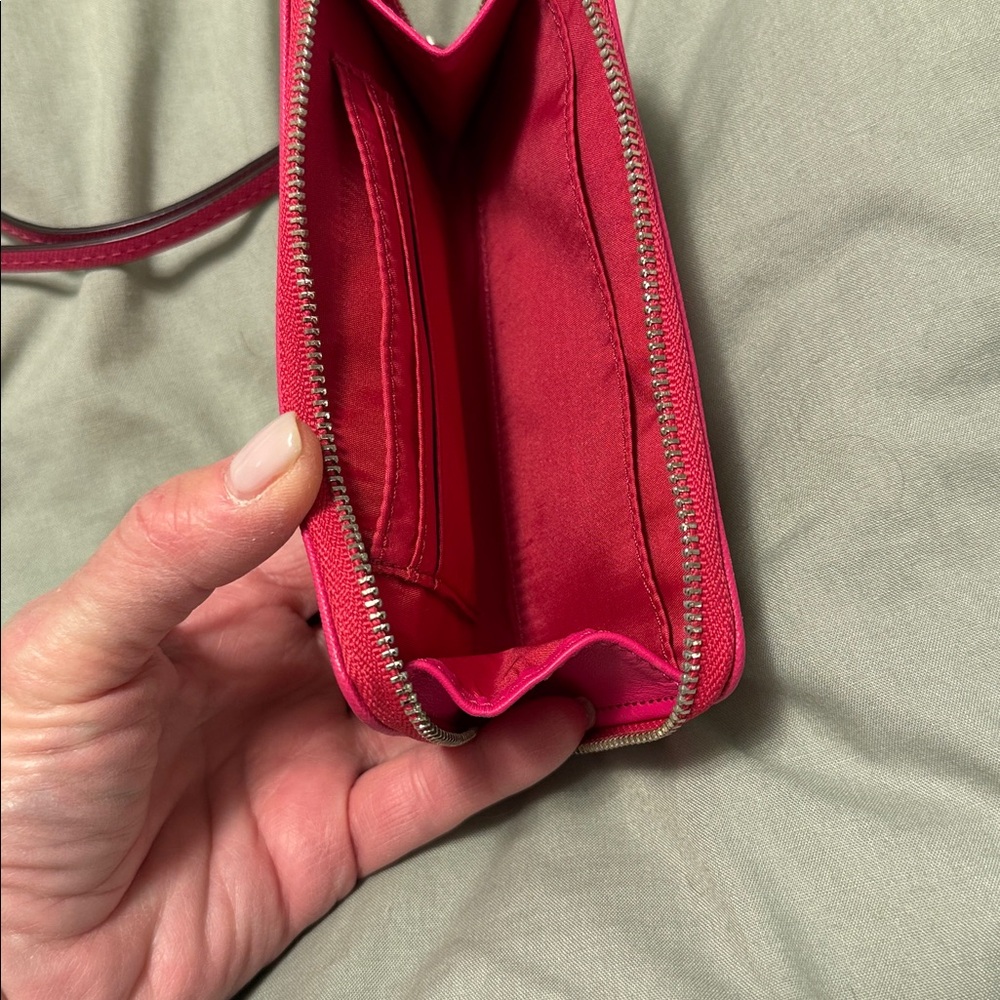 Coach Tan Canvas Wallet with Hot Pink Trim and Wrist Strap - Picture 3 of 3